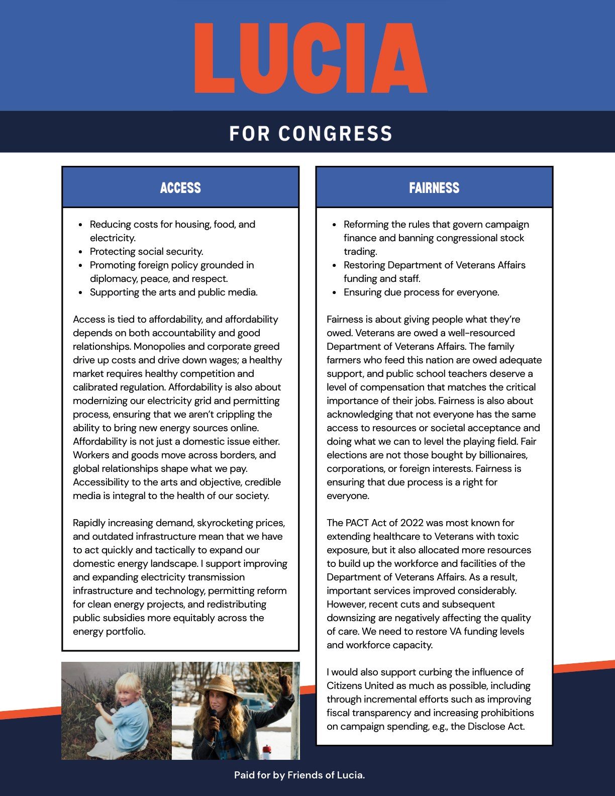 Lucia for Congress policy one pager